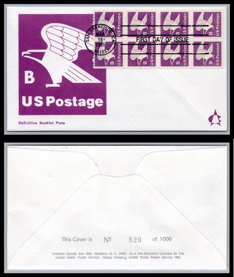 US FDC # 1819a "B" Rate (18c) Eagle Pane of 8 Andrews   1979, 9Q1102 - Image 1 of 1