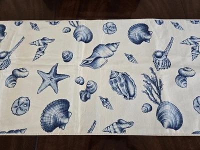 Pottery Barn Blue Cream Seashell Coastal Table Runner 90x18in - Image 1 of 4