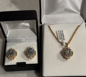 Blautopas & Zirkonia 14k vergoldet Halskette & Ohrring Set Designer - Bild 1 von 3