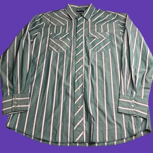 Camisa vaquera Wrangler para hombre XLT perla a presión manga larga a rayas verdes - Imagen 1 de 7
