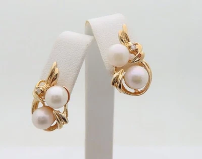 14k Vintage Pearl Earrings Natural Diamond Double Pearls Solid Gold Jewelry E314 - Image 1 of 4