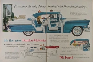 1956 Vintage  Ford Fordor Victoria Vehicle Print Ad Blue Car Illustration  - Picture 1 of 1
