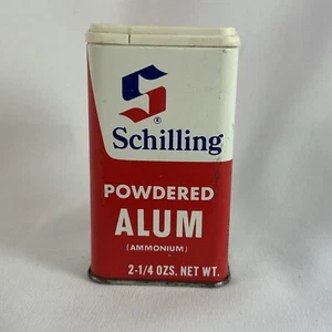 Schilling Powdered Alum Tin 2-1/4 oz Empty Plastic Top Uses For On Back Vintage - Picture 1 of 6