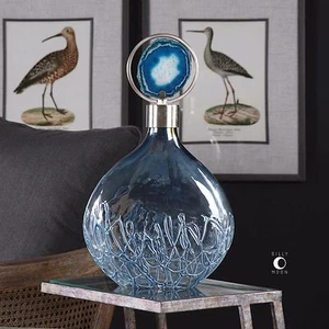 DESIGNER 19" SKY BLUE SUGAR SPUN GLASS DECORATIVE BOTTLE AGATE STONE TOP - Picture 1 of 3