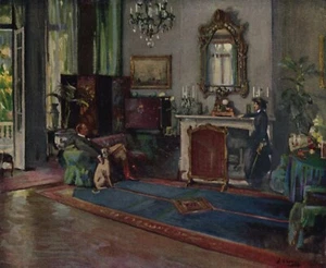 Impresión a color antigua JOHN LAVERY "Interior con galgo" enmarcada firmada certificado de autenticidad - Imagen 1 de 2