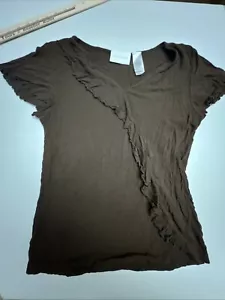 Top Liz Claiborne para mujer M marrón cuello en V volantes gorra manga corta elástica - Imagen 1 de 11