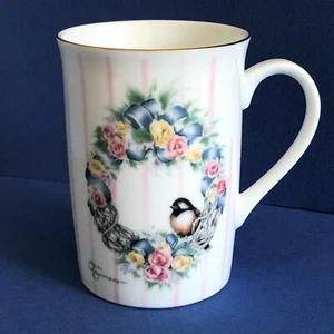 Otagiri Chickadee Coffee Cup Mug Floral Wreath Country Rose Pink Stripes Japan - Picture 1 of 11