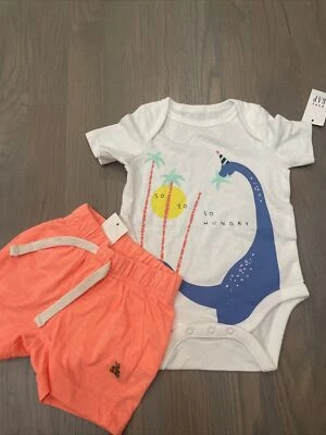 NWT Baby Gap boy 2-piece SUMMER dinosaur bodysuit orange shorts SET 0 3 - Image 1 of 4