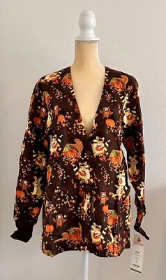 Vintage Peaches Autumn Scrub Top Fall Leaves Pumpkin Orange Brown Pockets Sz XS - Image 1 of 4