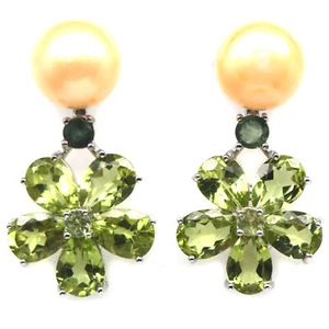 925 Sterlingsilber 9 Mm. Gelb Perle, Saphir & Peridot Ohrringe - Bild 1 von 4