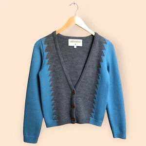LAUREN MOFFATT Designer Wool Sweater Cardigan Zig Zag Blue Gray Women’s Small - Picture 1 of 9
