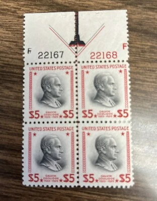 1938 US #834 Calvin Coolidge $5 Plate Block Of 4 Superb Mint Never Hinged BEAUTY - Image 1 of 2