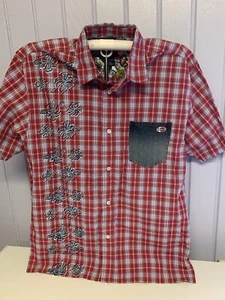 Bugle Boy Shirt Adult Medium Plaid Red Button Up Short Sleeve Pocket Casual Mens - Picture 1 of 5