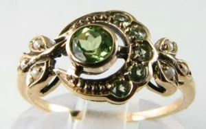 9K 9CT GOLD PERIDOT PEARL SUN MOON ART DECO INS CLUSTER RING FREE RESIZE - Picture 1 of 7