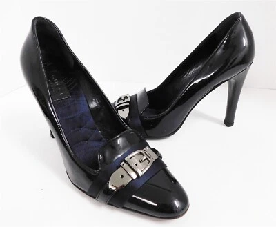 Zapatos de tacón Gucci de charol negro azul marino cinta plateada con hebilla Italia 7,5 B Foto 1 de 4