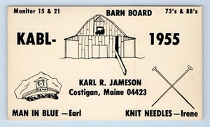 Man In Blue Knit Needles Barn Board Jameson Costigan ME QSL Ham Radio Card VTG - Picture 1 of 2
