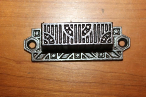 Antique Victorian Cast Iron Detailed Bin Apothecary Cupboard Drawer Pull L-29 Cover