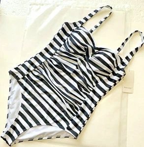 Ekouaer Womens One Piece Swimsuit Sz L Ruched Twist Pin Up Retro Black Stripe - Picture 1 of 11