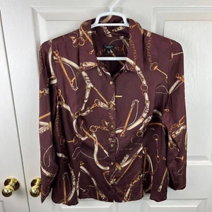 Nuovo senza etichette donna Talbots Horsebit equitazione seta bottoni davanti top marrone oro 18 W - Foto 1 di 5