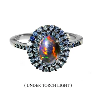 925 Anello Argento Sterling Ovale Nero Opale 8x6mm Zaffiro Gemma Gioielli Misura - Foto 1 di 14