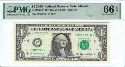 $1 2006 Small Size Federal Reserve Star Note, PMG 66 EPQ, Atlanta - Image 1 of 2