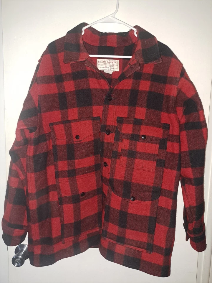 Vintage Filson Mackinaw Cruiser Jacket #110 Red/Black Plaid  SIZE 44 - Image 1 of 4