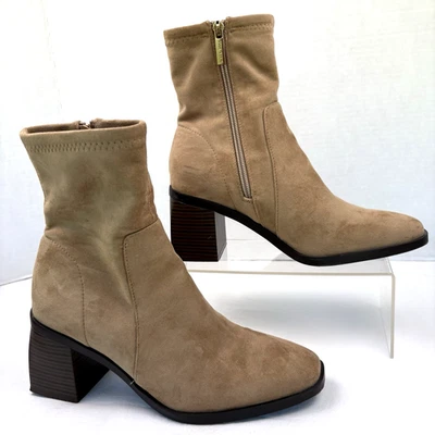Anne Klein Astrid Ankle Boots Sz 7.5 Camel Faux Suede Round Toe Zip Block Heel - Image 1 of 4
