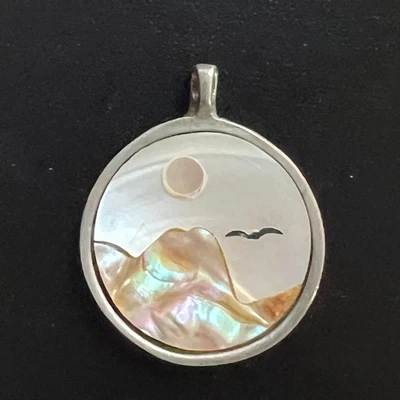 Vintage Abalone Inlay Pendant Mountain Landscape Boho Coastal Artisan Style - Image 1 of 4