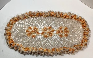 Hand Crochet Doily 21” Thanksgiving Autumn Centerpiece Orange Beige Gold Tone - Picture 1 of 5