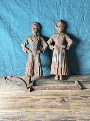 Antique Cast Iron Dutch Boy & Girl Andirons #8804 Albany Foundry 1919 - Image 1 of 4