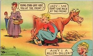 Vintage Comic Humor Postcard ~ Young Man Why Aren't You on The Front? War Cow - Picture 1 of 3