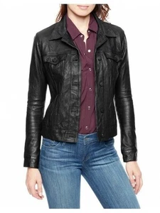 Black Leather Trucker Jacket Women Pure Lambskin Leather Coat - Picture 1 of 4