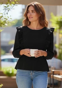 J Crew Top Größe Large schwarz adrette Rüschenärmel maßgeschneidert Old Money ruhig Luxus - Bild 1 von 13