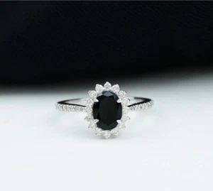 Simulated Oval Deep Black Onyx & Moissanite Engagement Ring In 10K White Gold - Picture 1 of 7