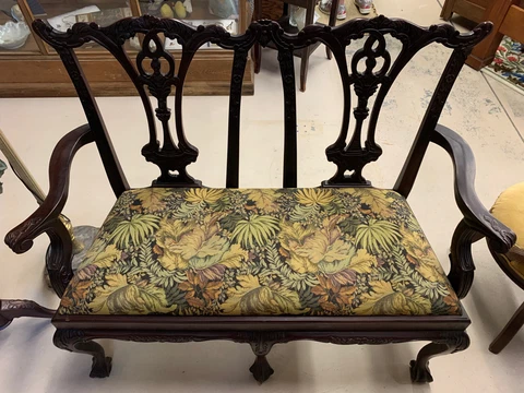 Vintage Chippendale Style Carved Mahogony Settee  / Upholstered Bench Cover