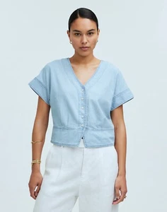 Madewell Women's Pleated Short Sleeve Top NP039 XS Denim Blue Short Sleeve NWT - Picture 1 of 8