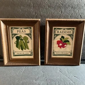 Completed Stichery 1985 Seed Packets Peas & Radish 7x9.5” Wood Framed Vintage - Picture 1 of 12