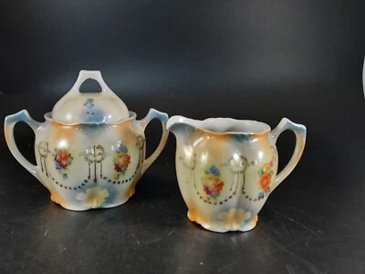 Antiguo GHO Bavaria Porcelana Azúcar y Crema Blanco Azul Rosa Floral Lustre Foto 1 de 4