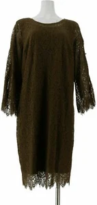Isaac Mizrahi Lace Split Sleeve Dress Faux Pearls-Desert Green-Large-NEW-A309993 - Picture 1 of 2