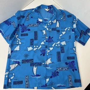 Vintage Aikane Hawaiian Shirt Aloha Blue White Floral Island Design Size XL  - Picture 1 of 13