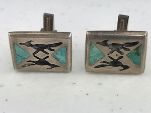 Vintage Sterling Turquoise Inlay Navajo Cufflinks Southwest Design Road Runner - Picture 1 of 6