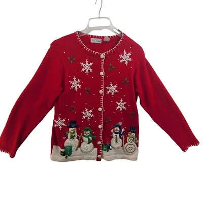 B.P. Suéter Cárdigan Navidad Feo Diseño Vintage Cuentas Copo de Nieve y Muñecos de Nieve Foto 1 de 4