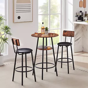 3 Piece Bar Table Set Counter Height Kitchen Pub Table w/ 2 Upholstered Stools - Picture 1 of 17