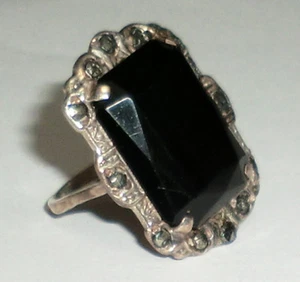 Vintage 20s Sterling Silver Onyx Marcasite Art Deco Ring Size 6 Ornate Back  - Bild 1 von 8