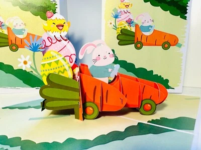 Happy Easter Sweetheart Bunny Rabbit Egg in Carrot Car Handmade Origami PopCards - Image 1 of 4