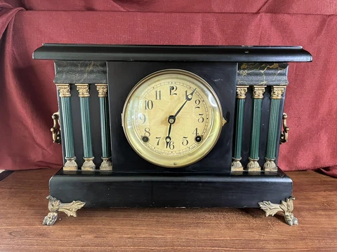 Antique Sessions Mantle Clock 8 Day Quarter Hour Strike Works With Key Cover