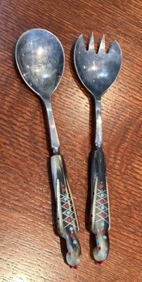 2 Piece Stainless Serving Set with Wood/Resin Carved Bird Handles. Marked. - Image 1 of 4
