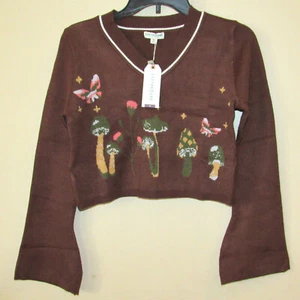 NWT Earthbound Trading Mushroom Butterfly Floral Crop Bell Sleeve Sweater S Boho - Picture 1 of 5