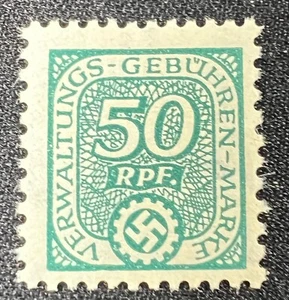 1940s German Revenue Stamp 50 Rpf VERWALTUNG BUHREN MARCHIO Green Swastika Cog - Foto 1 di 2
