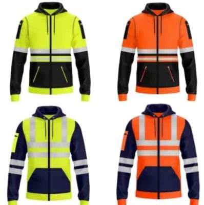 Hi Viz Vis Hoodie Workwear Zip Hooded Fleece Sweatshirt Hooded Reflective Jacket - Image 1 of 2